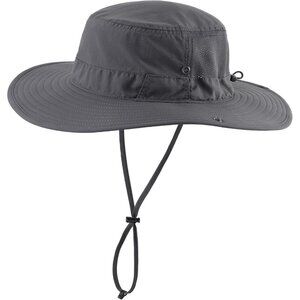 Unisex Dark Grey 100% Nylon Wide Brim Boonie With Chin Strap Classic Bucket Hat